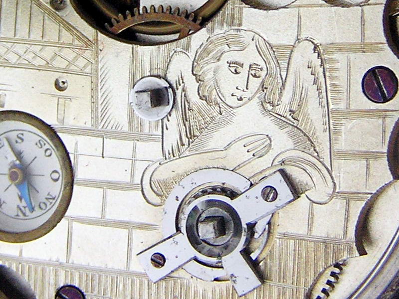 Старинные часы гравюра. Гравюра с часами и куклой. Механизм часов ангел. Ангел на часах ручных.